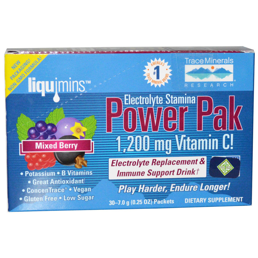 Spormineralforskning, elektrolyttutholdenhet, Power Pak, 1200 mg, blandet bær, 30 pakker, 0,25 oz (7,0 g) hver