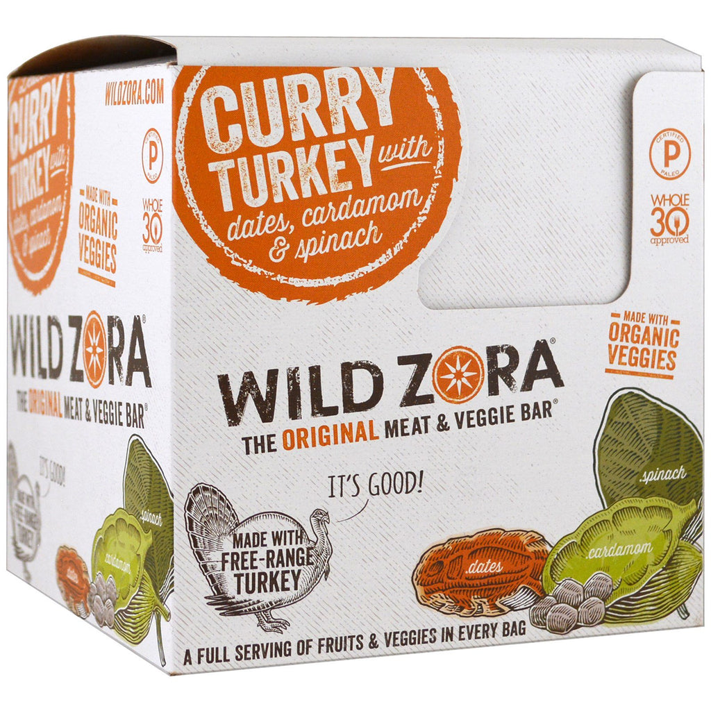 Wild Zora Foods LLC, Bar cu carne și legume, Curry cu curmale, cardamom și spanac, 10 pachete, 1,0 oz (28 g) fiecare