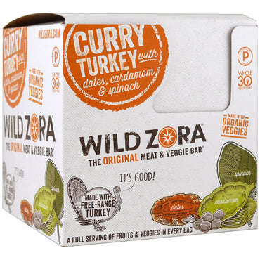 Wild Zora Foods LLC, Barre à la viande et aux légumes, Dinde au curry avec dattes, cardamome et épinards, 10 paquets, 1,0 oz (28 g) chacun