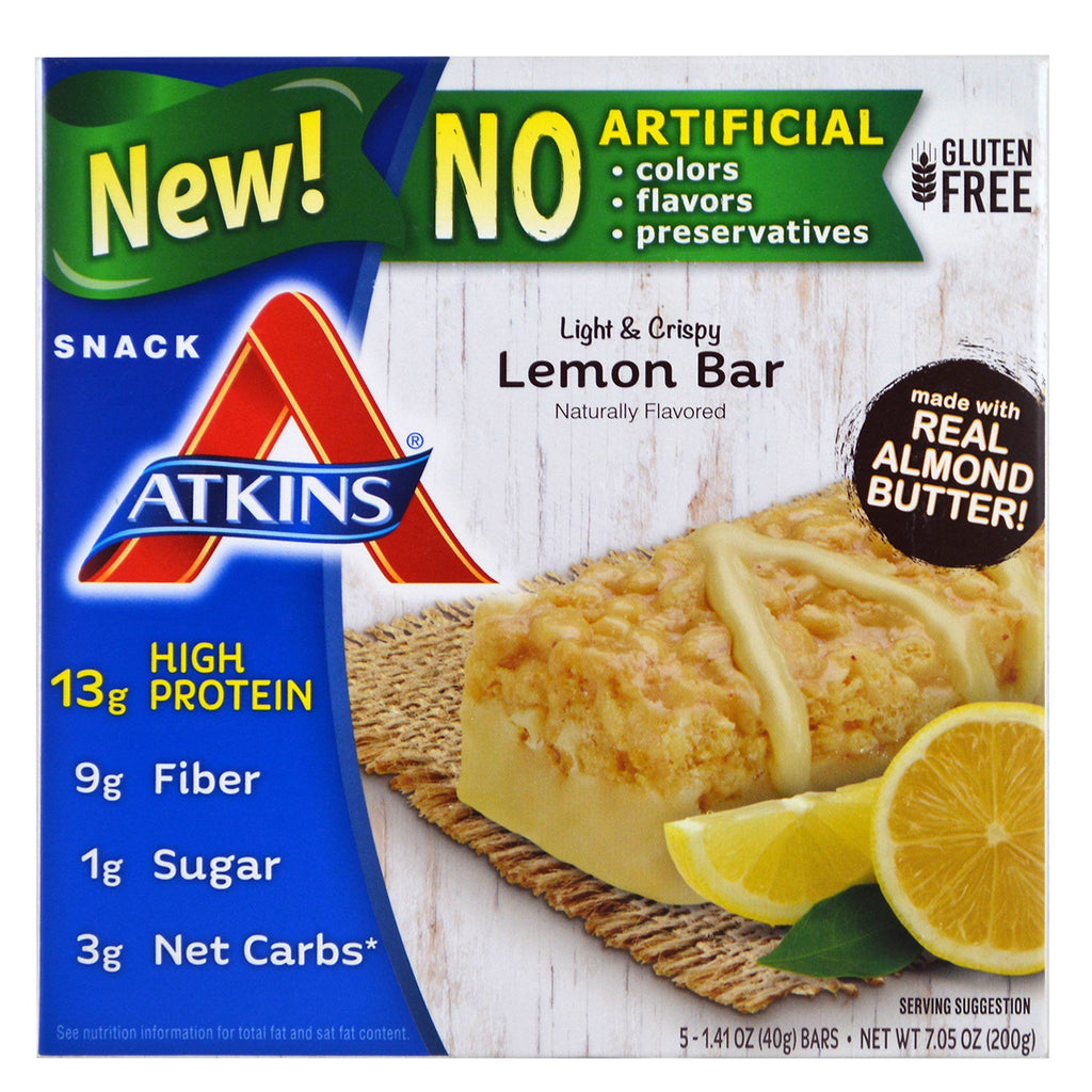 Atkins, barra de limón ligera y crujiente, 5 barras, 40 g (1,41 oz) cada una