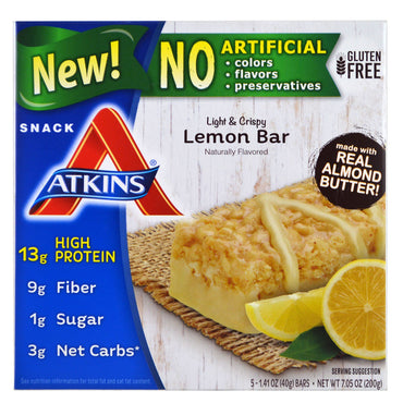 Atkins, Light & Crispy Lemon Bar, 5 Riegel, je 1,41 oz (40 g).