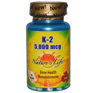 Nature's Life, K-2, Ménatétrénone pour la santé des os, 5 000 mcg, 60 comprimés