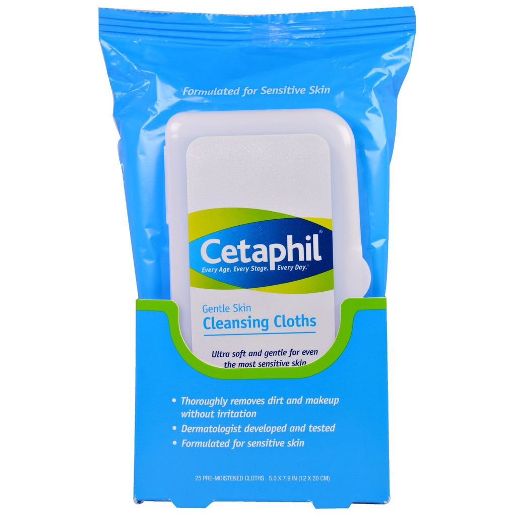 Cetaphil ผ้าทำความสะอาดผิวอ่อนโยน ผ้าชุบน้ำหมาดๆ 25 ชิ้น 5.0 x 7.9 (12 x 20 ซม.)