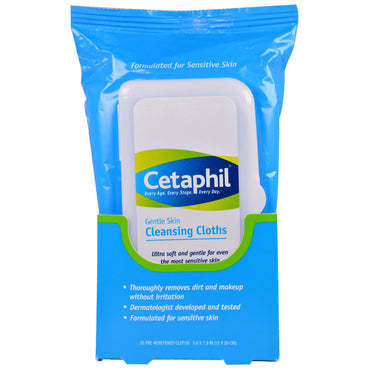 Cetaphil, قطعة قماش لطيفة لتنظيف البشرة، 25 قطعة قماش مبللة مسبقًا، 5.0 × 7.9 (12 × 20 سم)