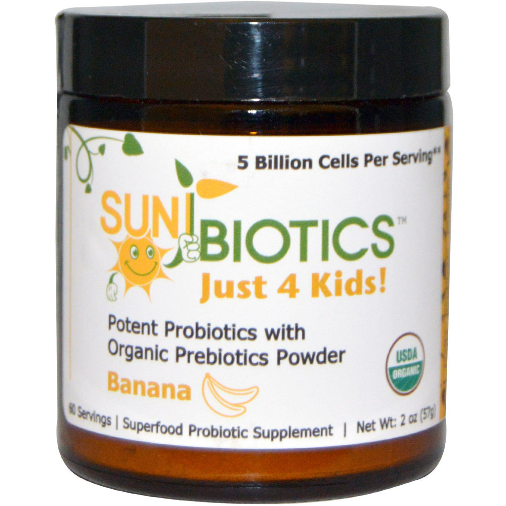 Sunbiotics, doar 4 copii! Probiotice puternice cu pudră de prebiotice, banane, 2 oz (57 g)
