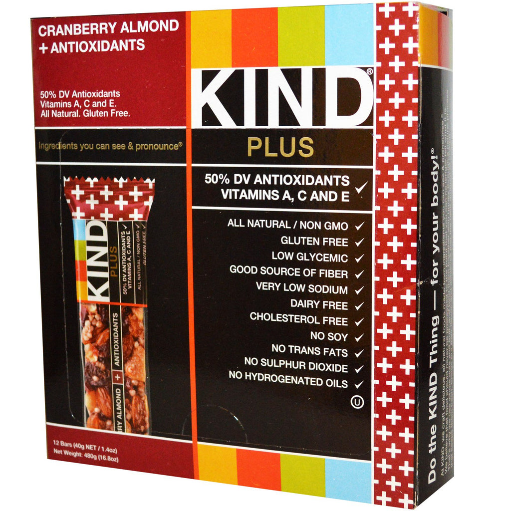 חטיפי KIND, Kind Plus, שקד חמוציות + חטיפי נוגדי חמצון, 12 ברים, 1.4 אונקיות (40 גרם) כל אחד