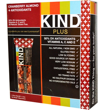 Batony KIND, Kind Plus, Batony Cranberry Almond + Przeciwutleniacze, 12 batonów, 1,4 uncji (40 g) każdy