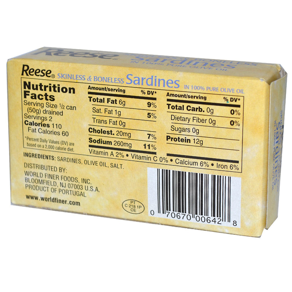 Sardine Reese, senza pelle e disossate in olio d'oliva puro al 100%, 4.375 oz (125 g)