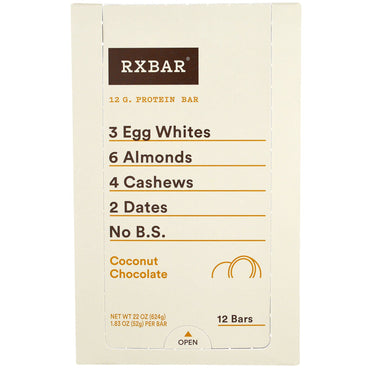 RXBAR, ألواح البروتين، شوكولاتة جوز الهند، 12 قطعة، 1.83 أونصة (52 جم) لكل قطعة