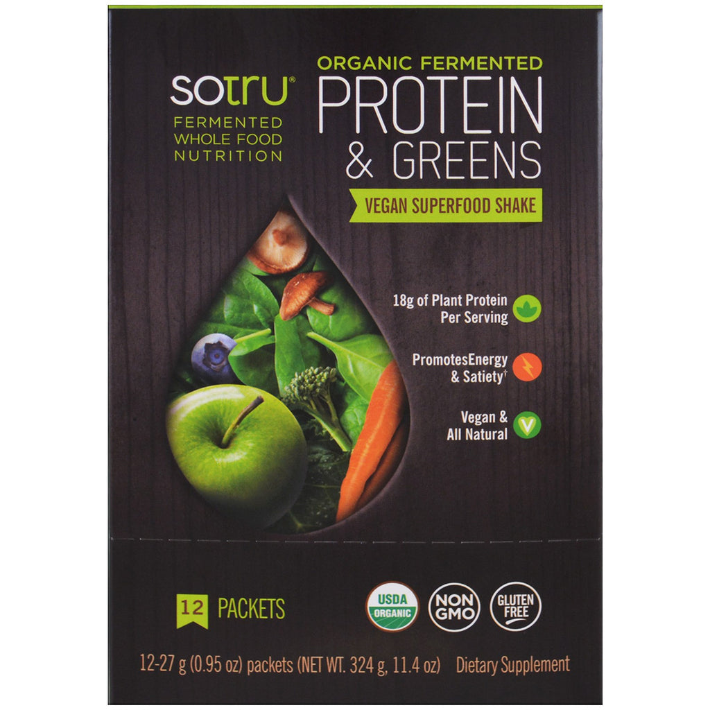 SoTru, โปรตีนหมักและผักใบเขียว, เชคซุปเปอร์ฟู้ดมังสวิรัติ, 12 ซอง, 0.95 ออนซ์ (27 กรัม) ต่อชิ้น