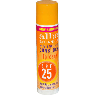 Alba Botanica, zeer verzachtend, zonnebrandcrème, lipverzorging, SPF 25, .15 oz (4,2 g)