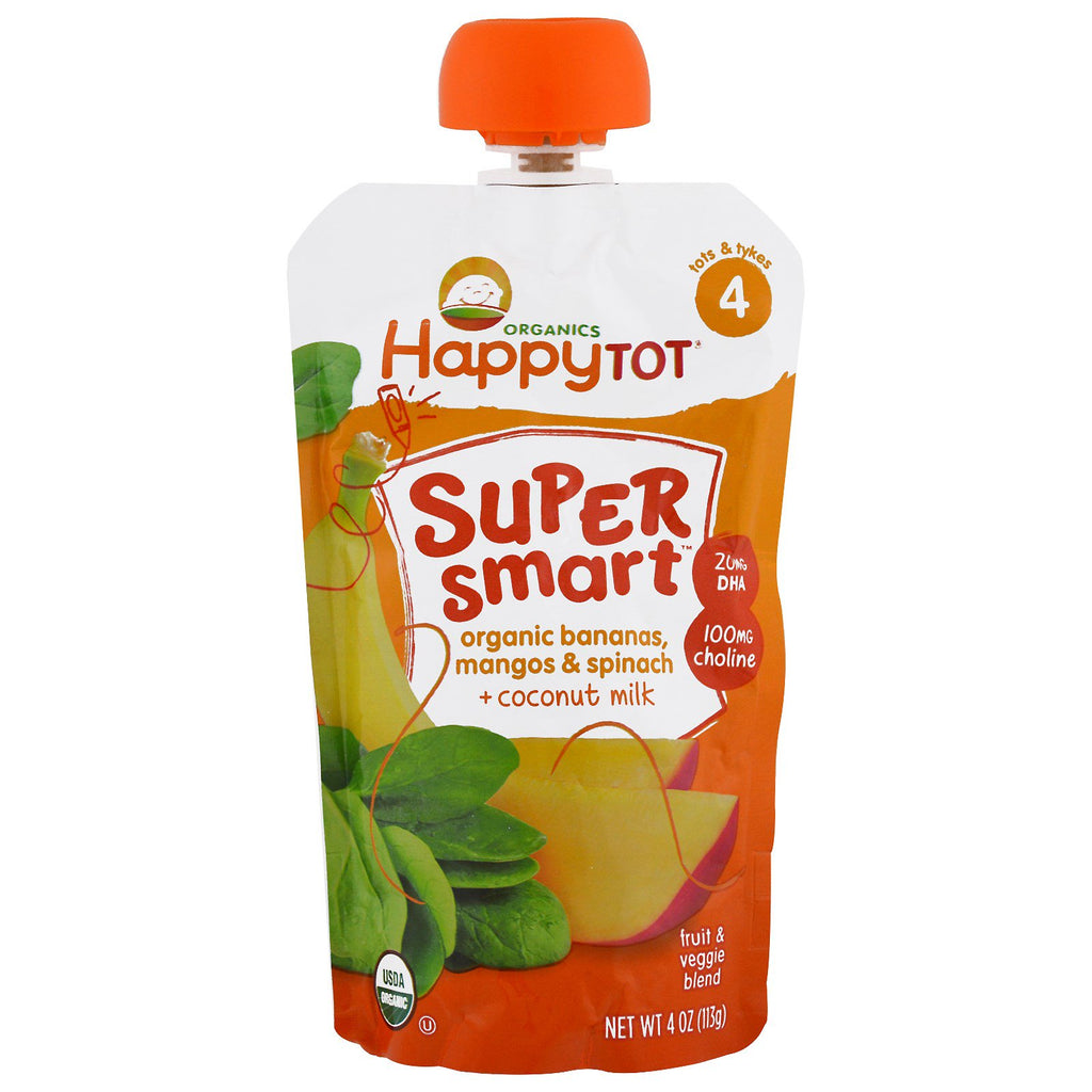 Nurture Inc. (Happy Baby) Happy Tot Stage 4 Super Smart Fruit and Veggie Blend  Bananas Mangos & Spinach Coconut Milk 4 oz (113 g)