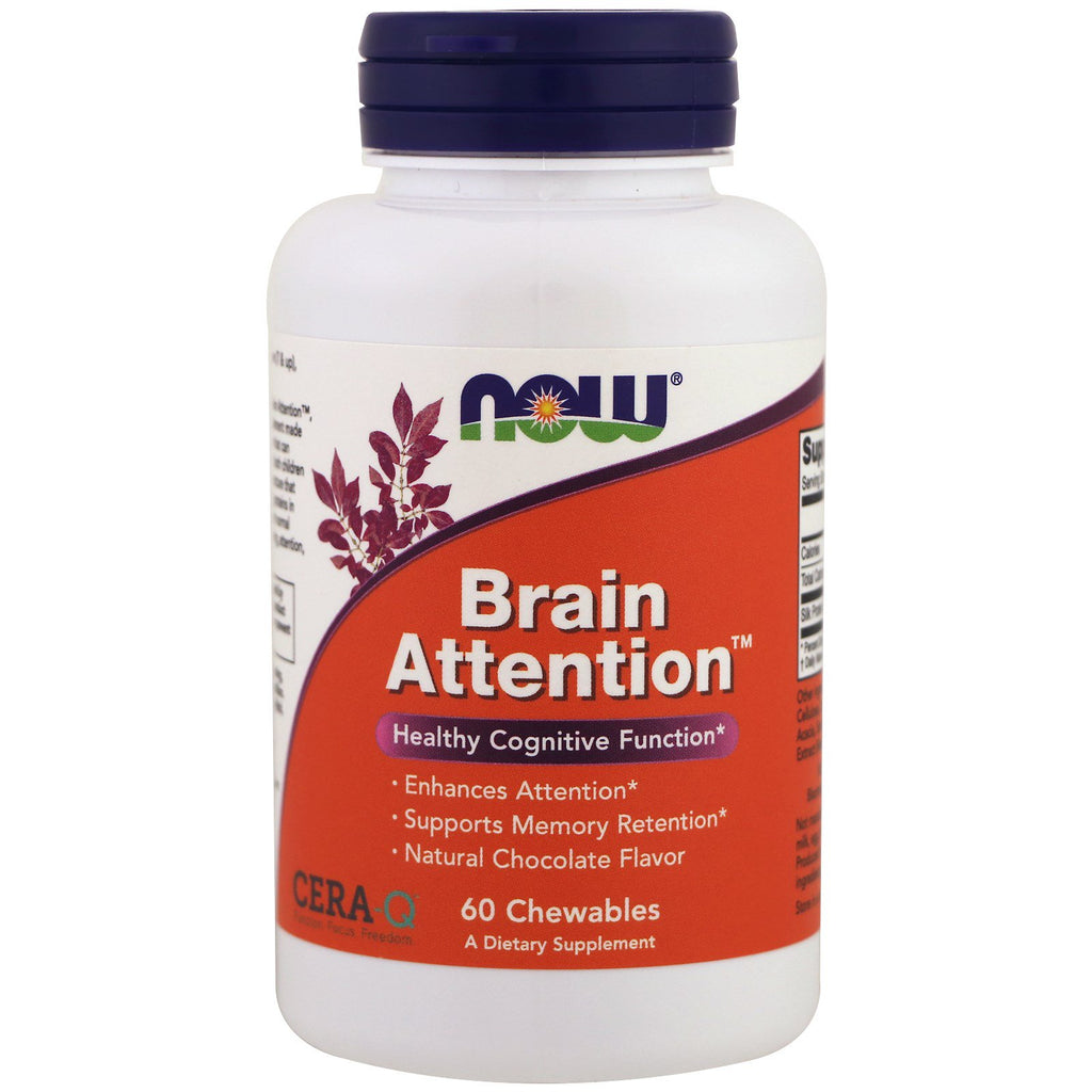 Now Foods, Brain Attention, Sabor natural a chocolate, 60 comprimidos masticables