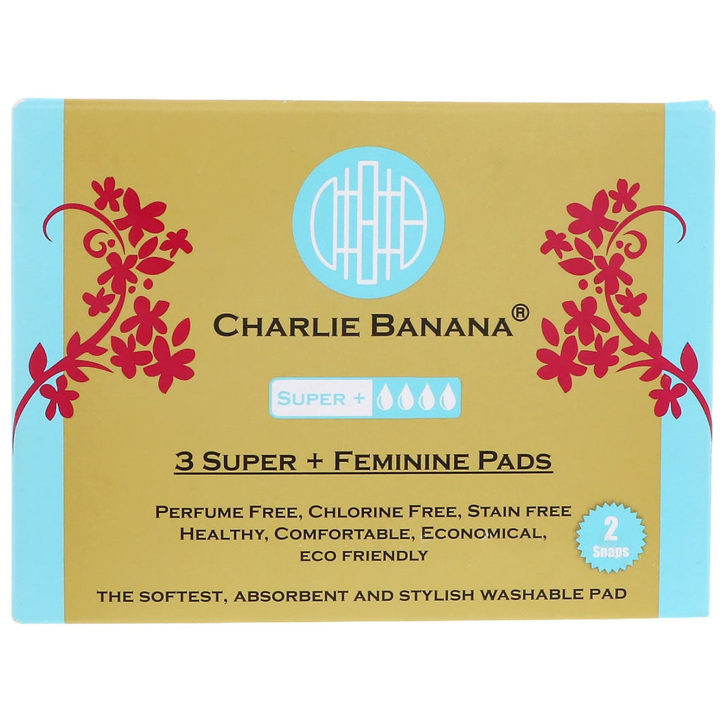 Charlie Banana, toallas sanitarias Super + Feminine, blanco, 3 toallas sanitarias + 1 bolso de mano