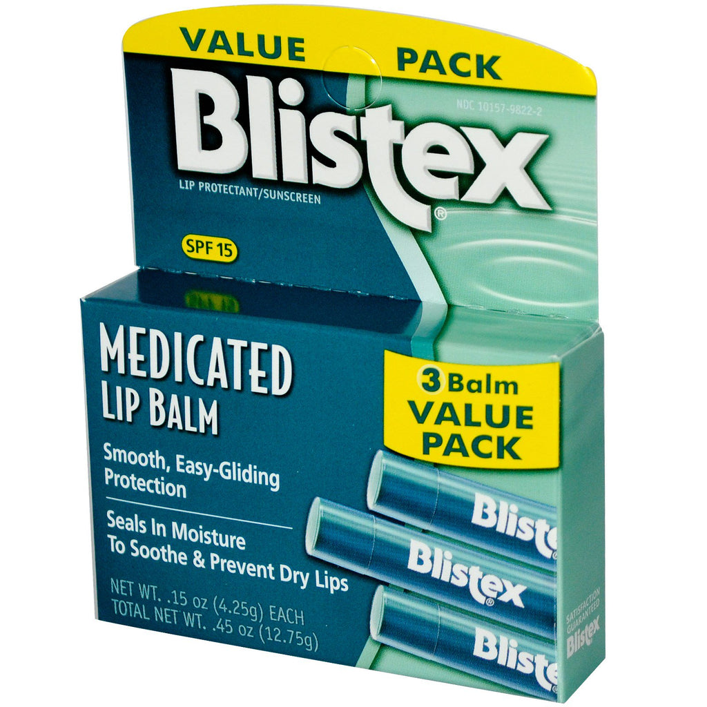 Blistex, medisinert leppepomade, leppebeskyttende/solkrem, SPF 15, 3 balsam verdipakke, 0,15 oz (4,25 g) hver