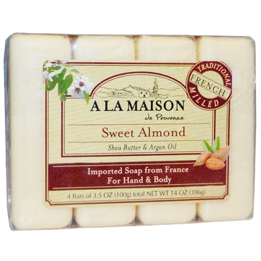 A La Maison de Provence, Hand & Body Bar Soap, Sweet Almond, 4 Bars, 3.5 oz Each