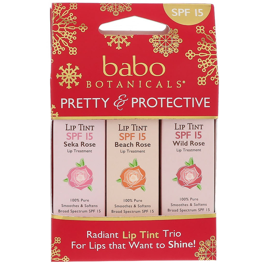 Babo Botanicals, Pretty & Protective, balsamo per tinta labbra, SPF 15, confezione da 3, 0,15 oz (ciascuno)