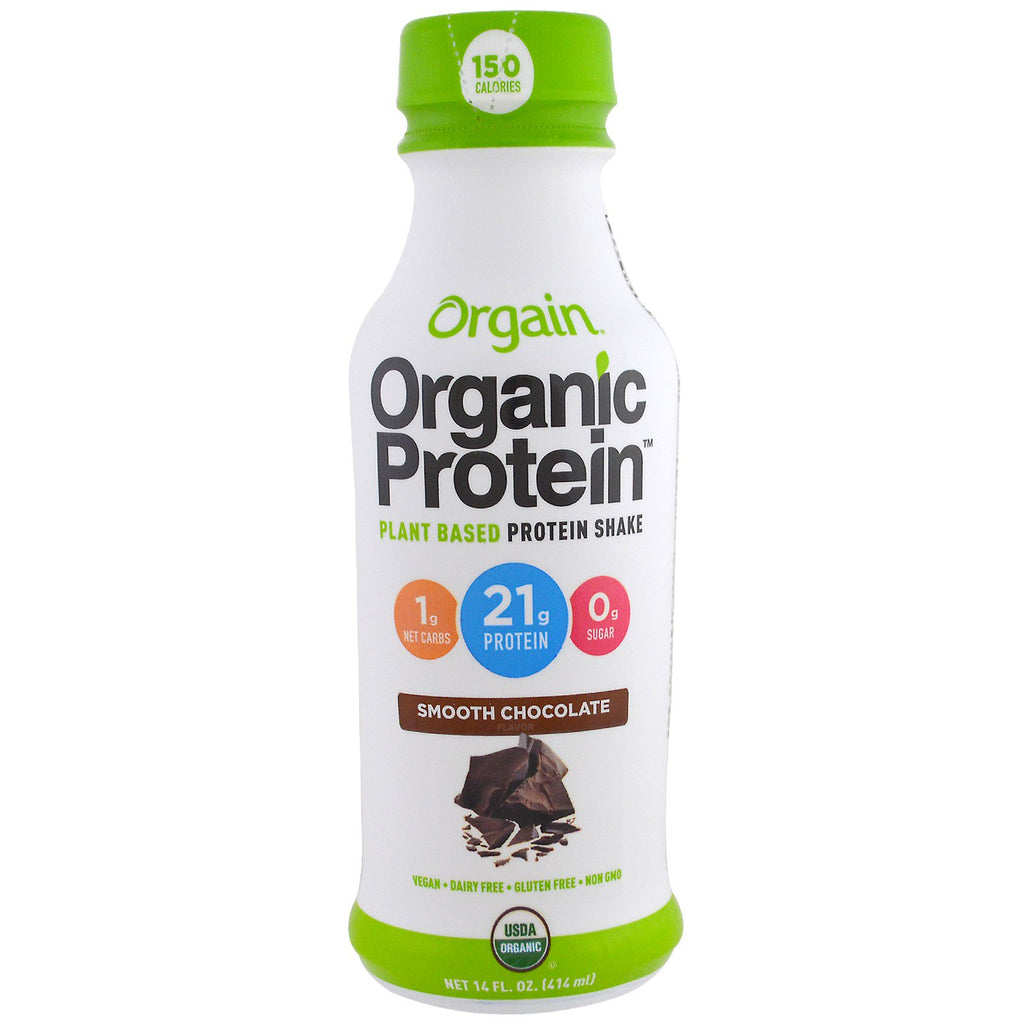 Orgain, proteinplantebasert proteinshake, glatt sjokoladesmak, 14 fl oz (414 ml)