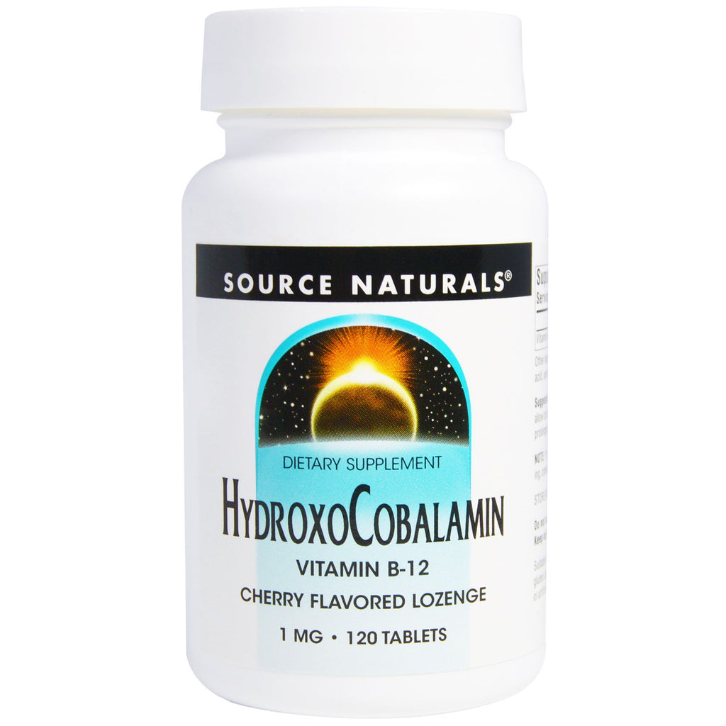 Source Naturals, HydroxoCobalamine, Vitamine B12, Pastille aromatisée à la cerise, 1 mg, 120 comprimés