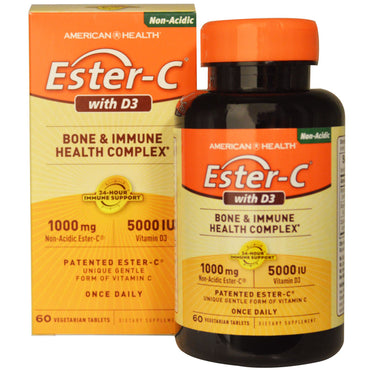 American Health, Ester-C med D3, bein- og immunhelsekompleks, 1000 mg/5000 IE, 60 grønnsakstabletter