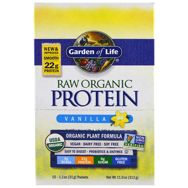 Garden of Life, proteína cruda, fórmula vegetal, vainilla, 10 paquetes, 31 g (1,1 oz) cada uno