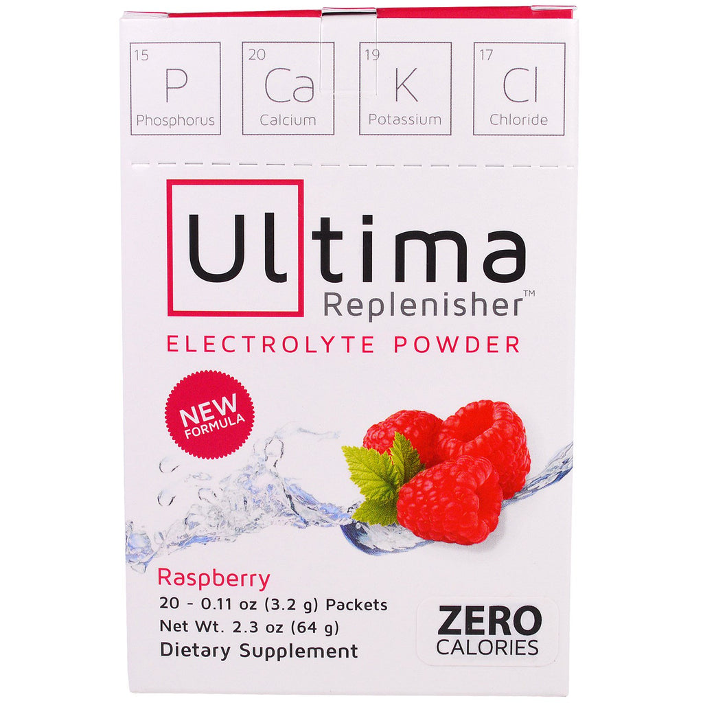מוצרי בריאות Ultima, אבקת אלקטרוליטים של Ultima Replenisher, פטל, 20 חבילות, 0.11 אונקיות (3.2 גרם) כל אחת