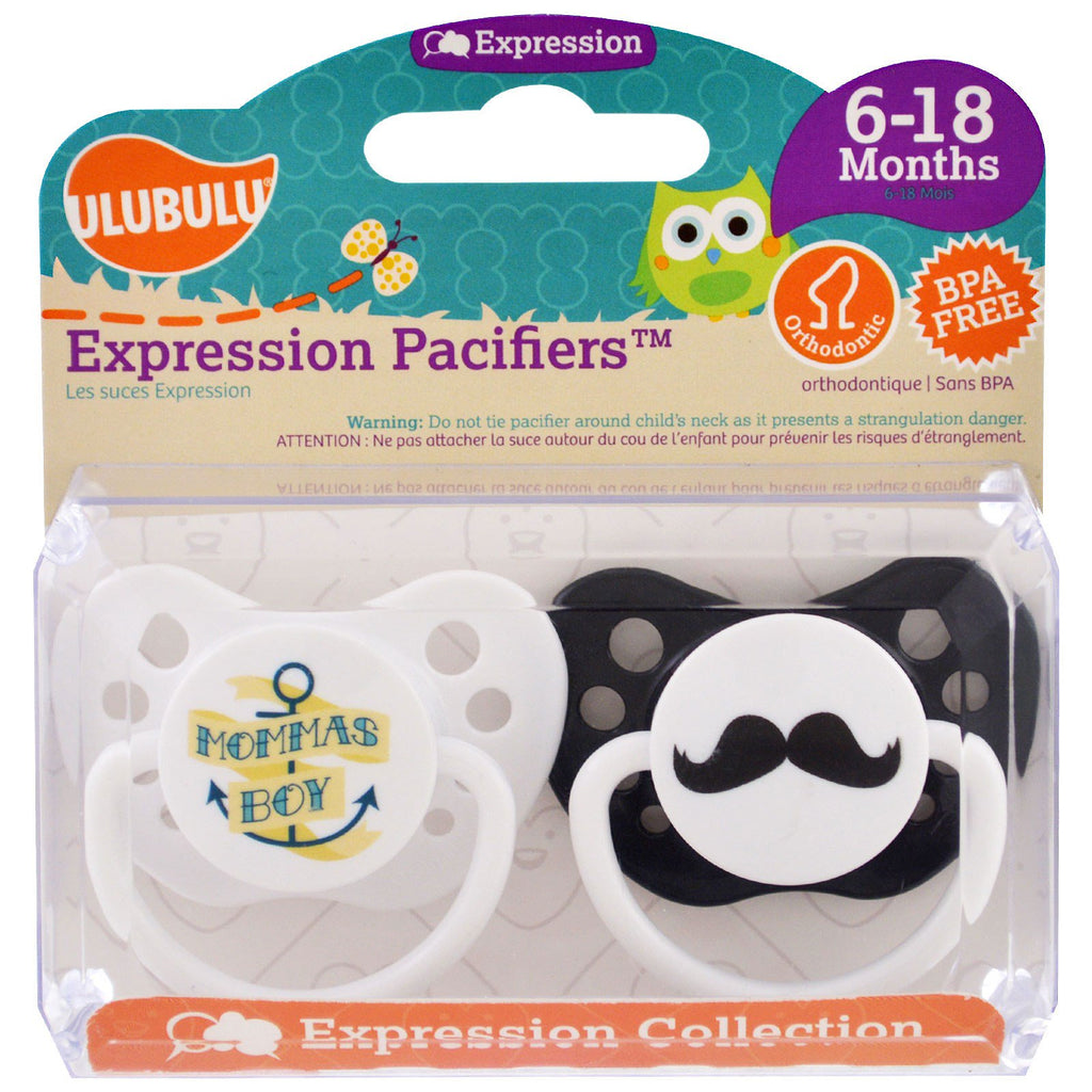 Ulubulu, Expression Pacifiers, Momma's Boy, Mustache, 6-18 Months , 2 Pacifiers
