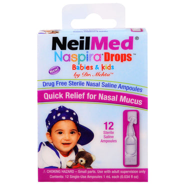 NeilMed Naspira Drops Babies & Kids 12 Sterile Saline Ampoules 0.034 fl oz (1 ml) Each