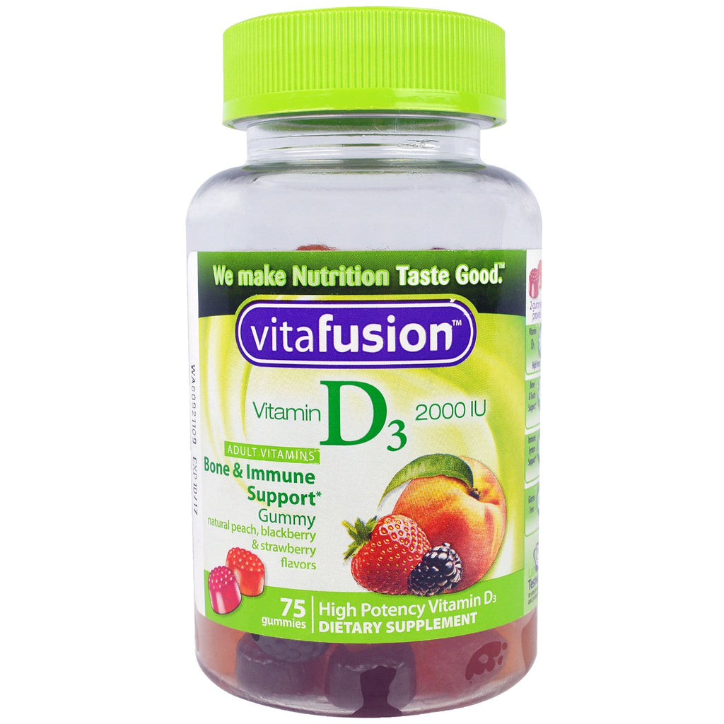 Vitafusion, vitamin D3, naturlig fersken, bjørnebær og jordbær smaker, 2000 iu, 75 gummier
