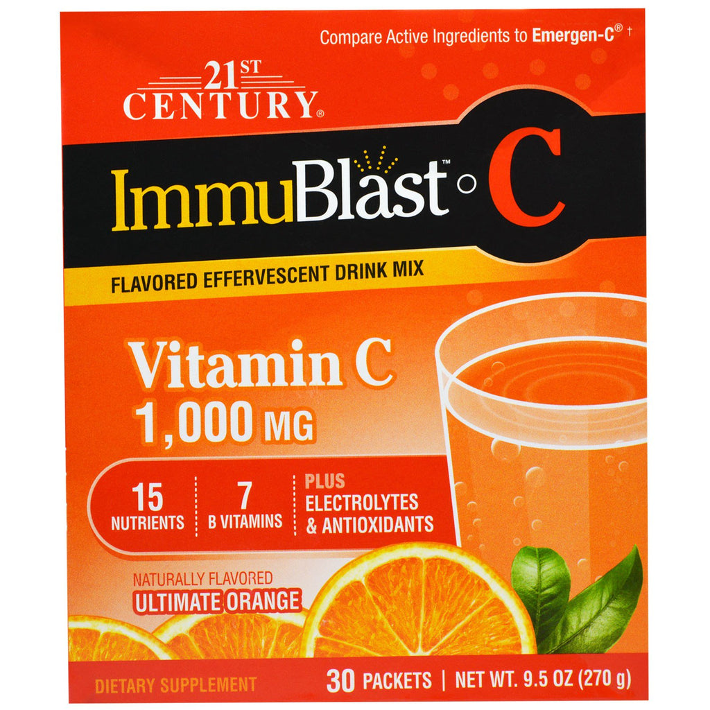 21st Century, ImmuBlast-C, เครื่องดื่มผสมฟอง, Ultimate Orange, 1,000 มก., 30 ซอง, .317 ออนซ์ (9 ก.) ต่อขวด