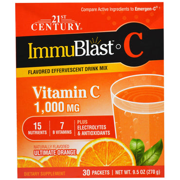 המאה ה-21, ImmuBlast-C, תערובת משקה תוסס, תפוז אולטימטיבי, 1,000 מ"ג, 30 חבילות, 0.317 אונקיות (9 גרם) כל אחת
