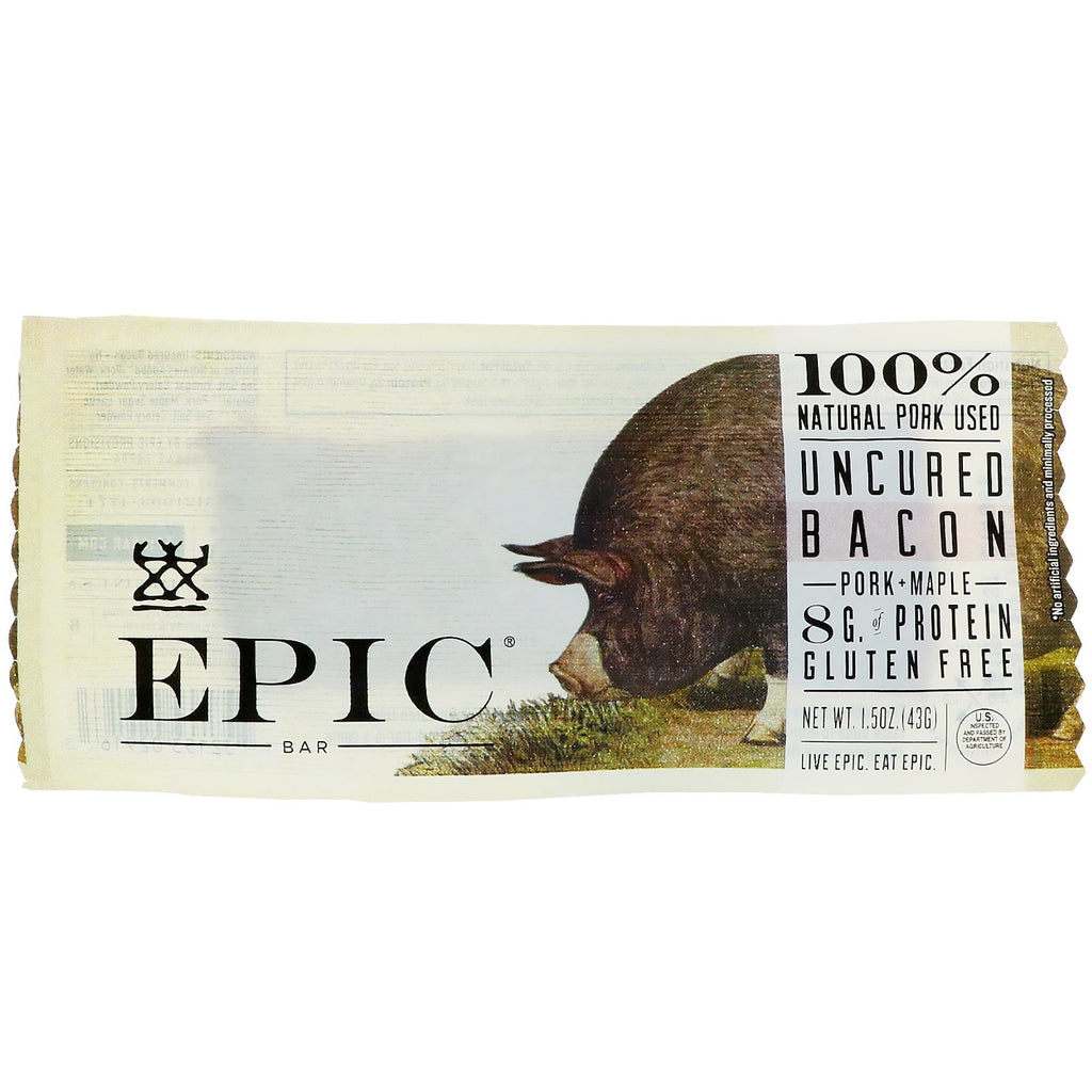 Epic Bar, otorkad bacon, fläsk + lönnstång, 12 barer, 1,5 oz (43 g) styck