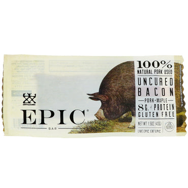 Epic Bar, Bacon Não Curado, Carne de Porco + Barra de Bordo, 12 Barras, 43 g (1,5 oz) Cada