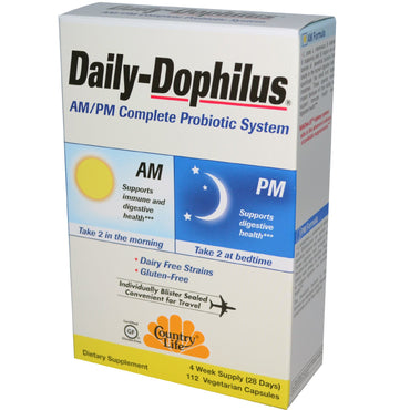 Country Life, Daily-Dophilus, Système probiotique complet AM/PM, 112 gélules végétariennes