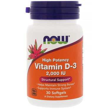 Now Foods, vitamina D-3, alta potencia, 2000 UI, 30 cápsulas blandas
