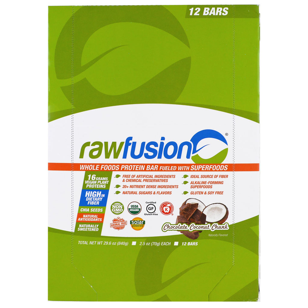 Raw Fusion, Batonik proteinowy z całej żywności, Kawałki czekolady i kokosa, 12 batonów, 2,5 uncji (70 g) każdy