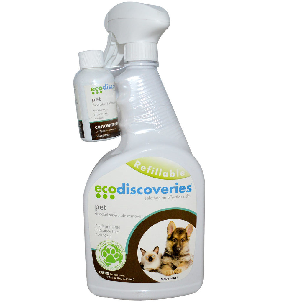 EcoDiscoveries, deodorisering og flekkfjerner for kjæledyr, 2 fl oz ( 60 ml) konsentrat med 1 sprayflaske