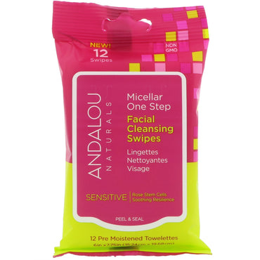 Andalou Naturals, Sensitive, Micellar One Step Facial Cleansing Swipes, 12 Pre Moistened Towelettes