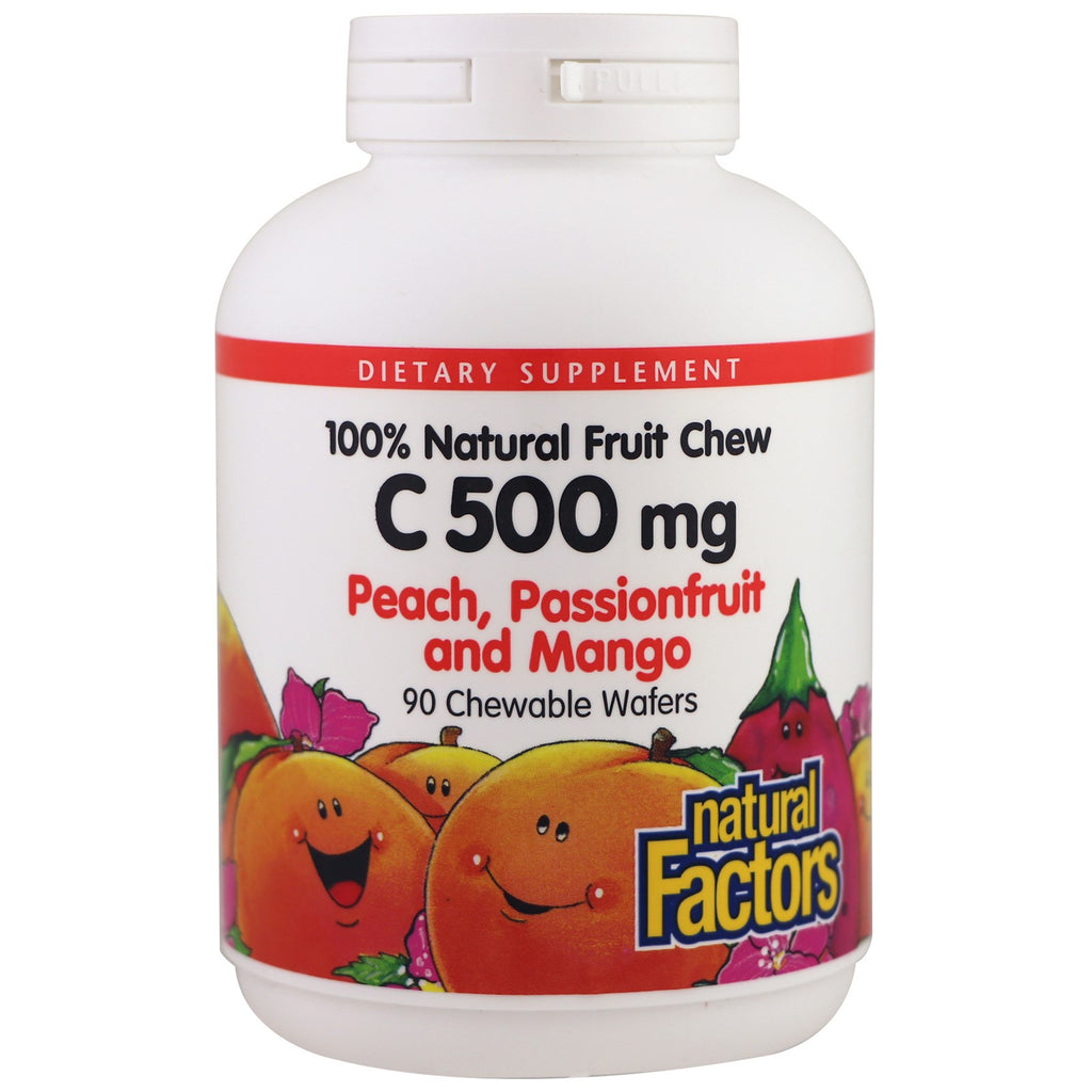 Naturlige faktorer, vitamin C, fersken, pasjonsfrukt og mango, 500 mg, 90 tyggbare vafler