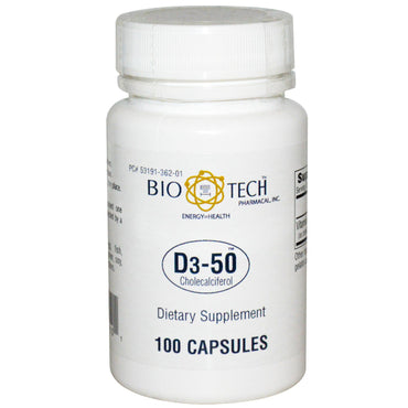 Bio Tech Pharmacal, Inc, D3-50, Cholécalciférol, 100 Capsules