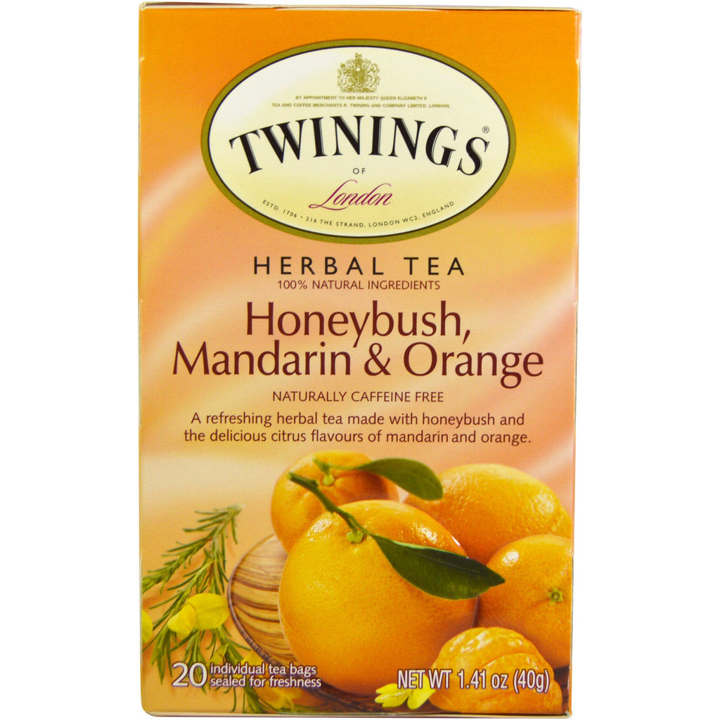 Twinings, örtte, honungsbuske, mandarin och apelsin, koffeinfri, 20 individuella tepåsar, 1,41 oz (40 g)