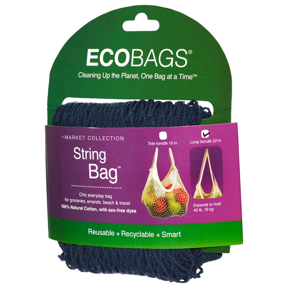 ECOBAGS, मार्केट कलेक्शन, स्ट्रिंग बैग, लंबा हैंडल 22 इंच, स्टॉर्म ब्लू, 1 बैग