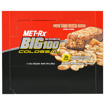 MET-Rx Big 100 kolossale maaltijdvervangende reep pindakaas-karamelcrunch 9 repen, 100 g (3,52 oz) per stuk