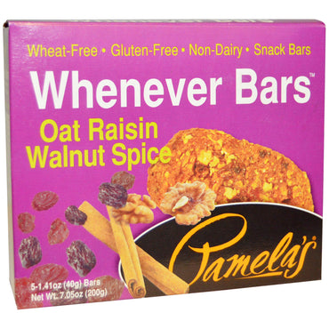 Pamela's Products, Whenever Bars, Oat Raisin Walnut Spice, 5 Bars, 1.41 oz (40 g) Each