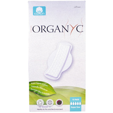Organyc, absorventes menstruais de algodão, super fluxo, 10 absorventes