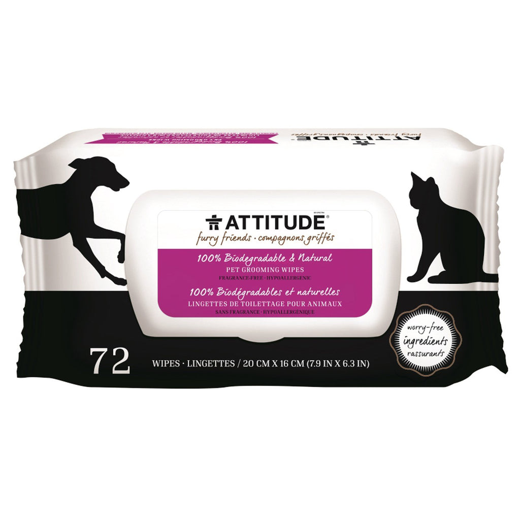 ATTITUDE, Furry Friends, 100% Biodegradable & Natural Pet Grooming Wipes, Fragrance-Free, 72 Wipes