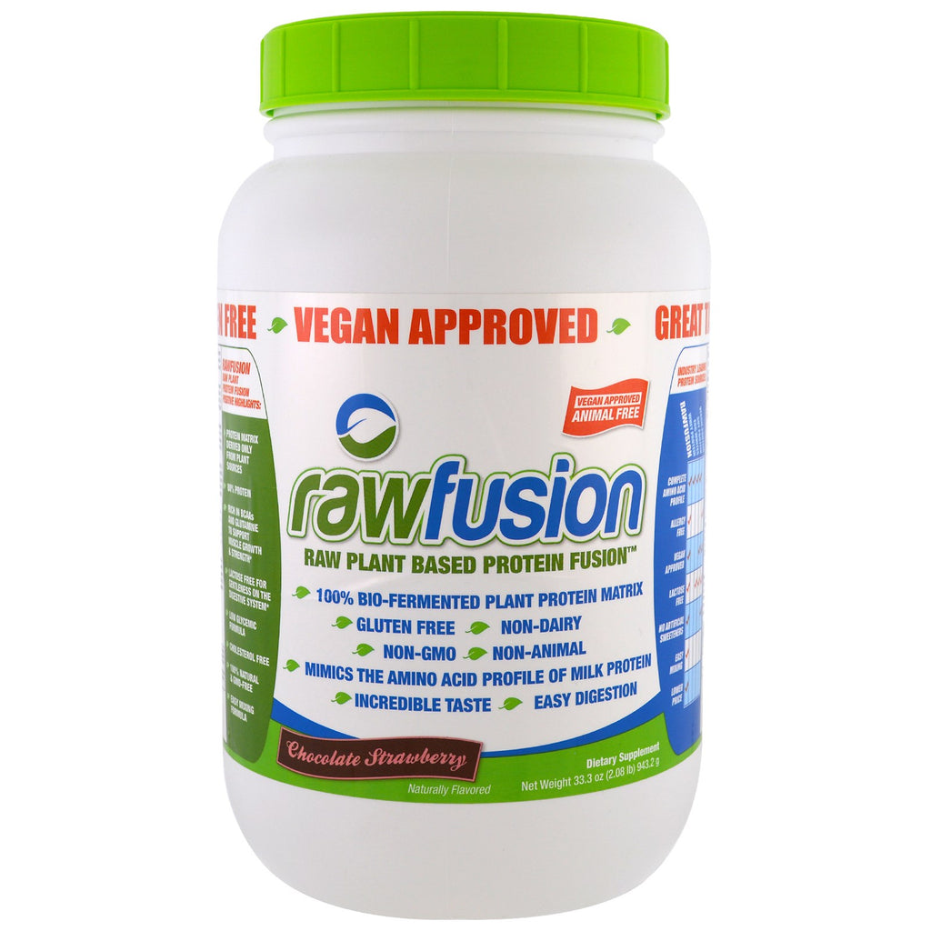 Raw Fusion, rå plantebaseret proteinfusion, chokoladejordbær, 33,3 oz (943,2 g)