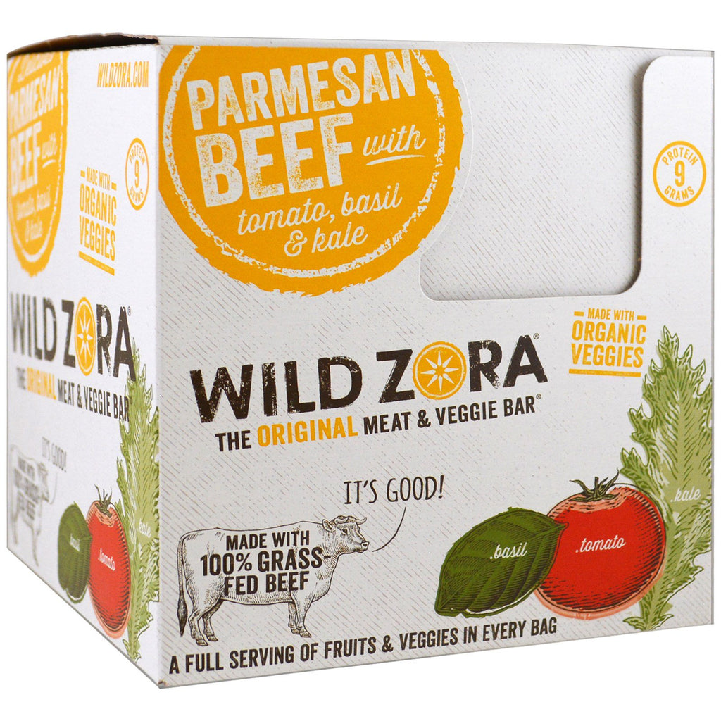 Wild Zora Foods LLC, Meat & Veggie Bar, เนื้อพาร์เมซานกับมะเขือเทศ, ใบโหระพาและคะน้า, 10 แพ็ค, 1.0 ออนซ์ (28 กรัม) ต่อชิ้น