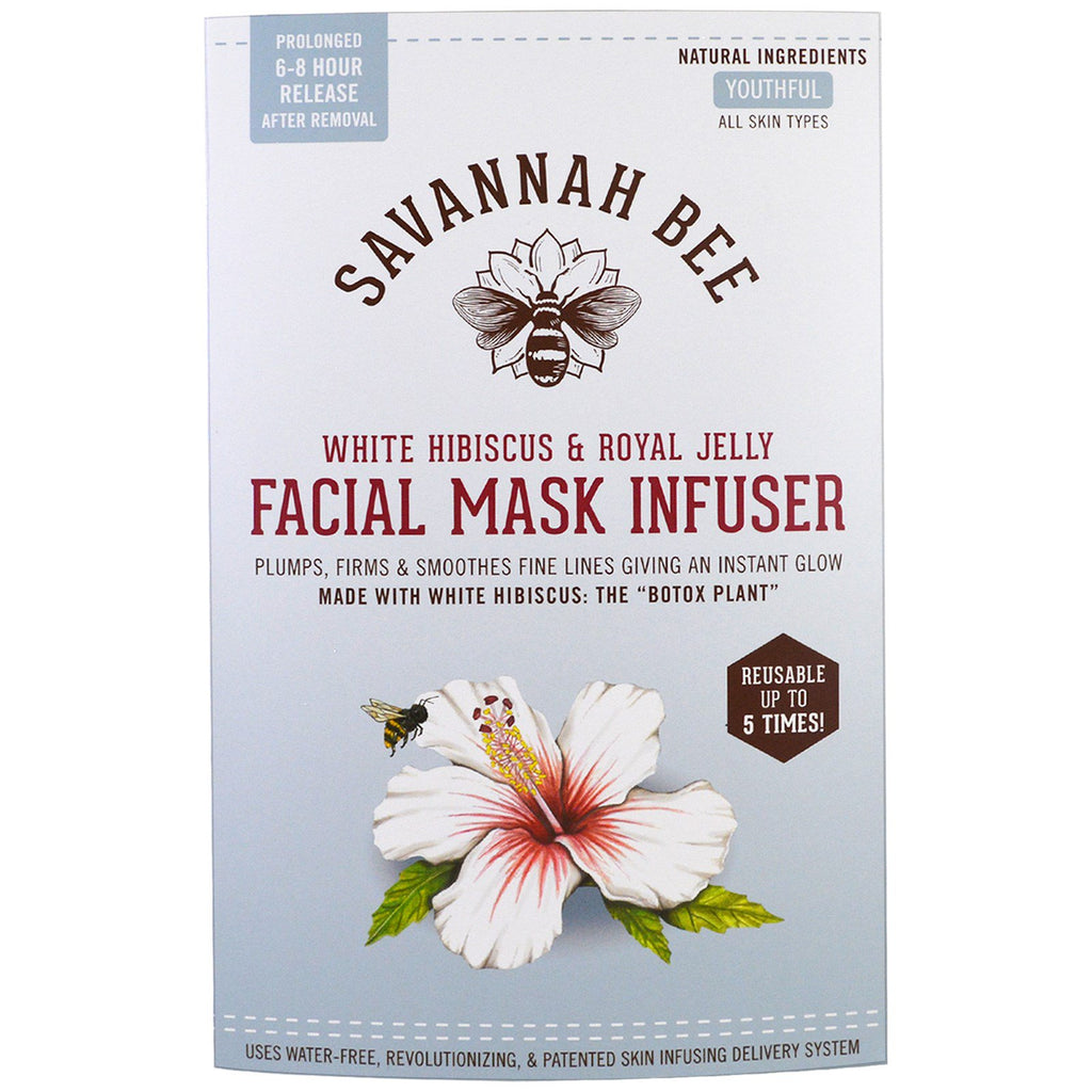 Savannah bee company inc, infuzor de mască facială, hibiscus alb și lăptișor de matcă, 1 mască reutilizabilă