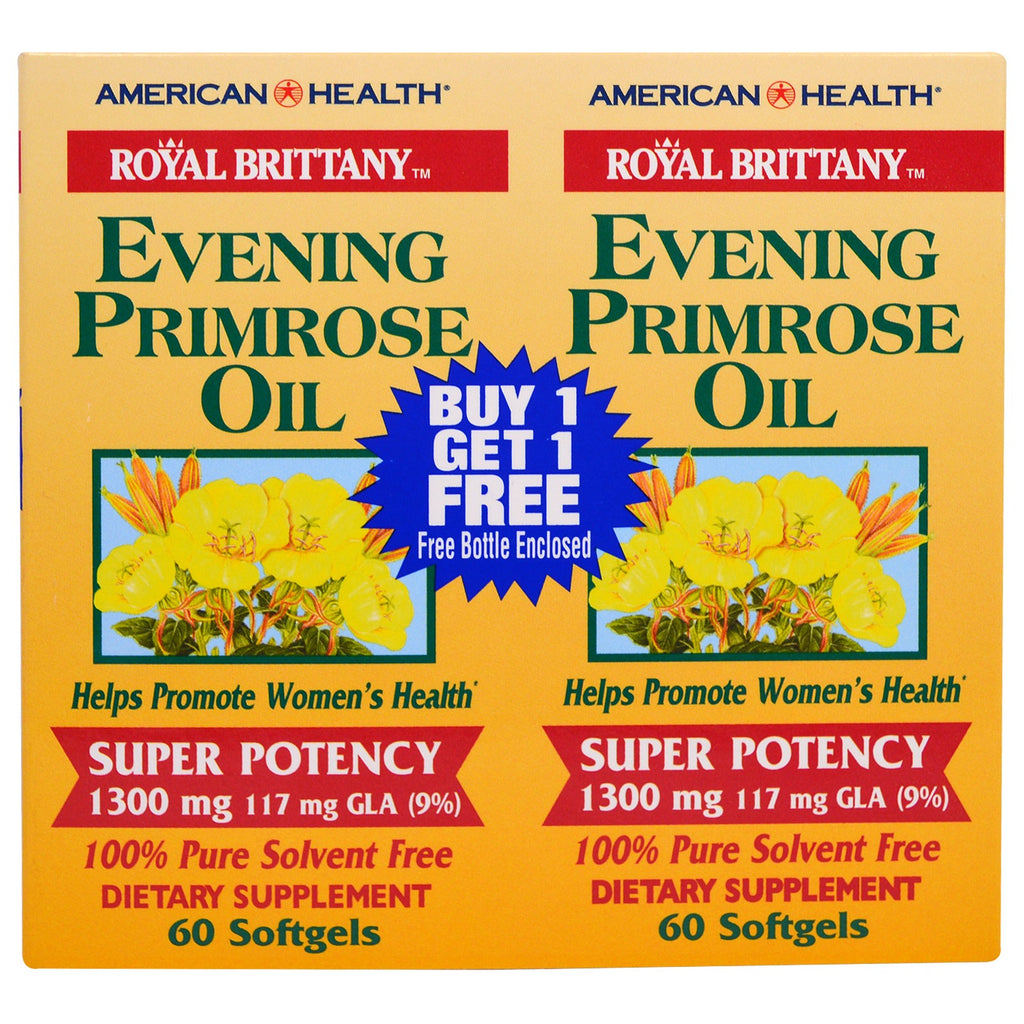 American Health, Royal Brittany, Evening Primrose Oil, 1300 mg, 2 flaskor, 60 softgels vardera